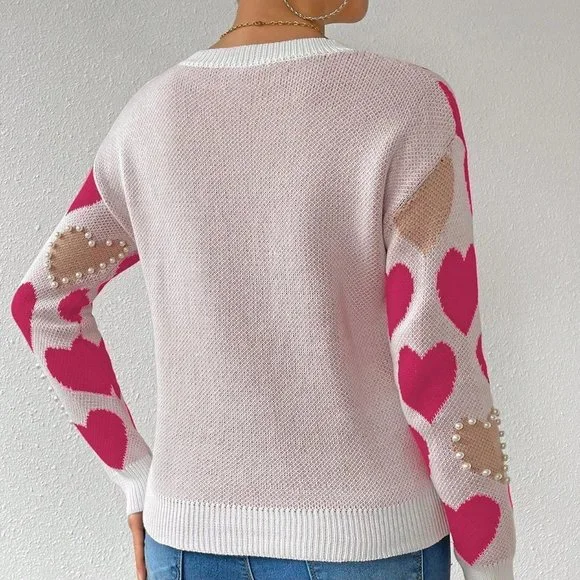 Hot Pink Casual Womens Heart Embroidery Beaded Pullover Sweater - Picture 2 of 5